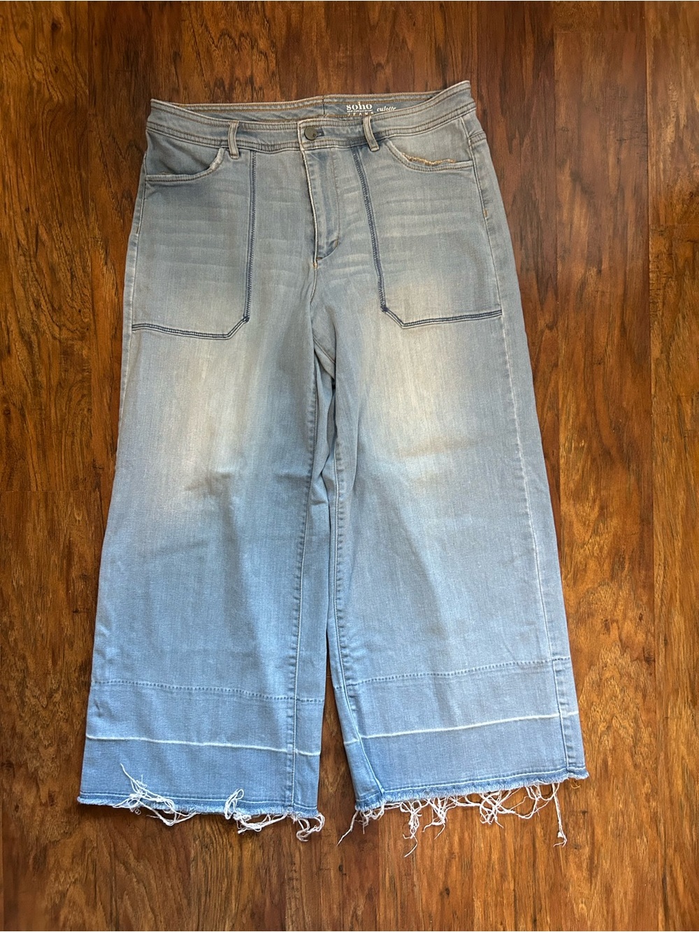 Light Blue Wide Leg Distressed Jeans Culottes with Frayed Hem - Picture 8 of 13